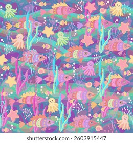 Animal print with funny fish, starfishes and small octopuses swimming among seaweed. Seamless sea pattern in pastel colors for kids.
