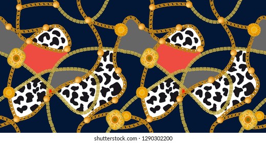 Animal print with golden chains. Seamless vector border with leopard spots and jewelry elements. Women's fashon collection. On black background.