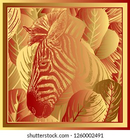 Animal print. Head African zebra close-up and striped tropical leaves. Vector illustration. Print gold foil on red background. Luxury pattern. Template for design scarf or pillow. Modern beast style.