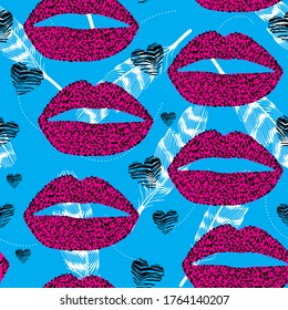 animal print lips pattern and white feathers on light blue background