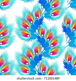 Animal print pattern boho abstract feathers pattern vivid mix colour blue red. Vector wings feather geometric collage peacock neon color hand graphic.