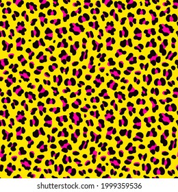 Animal Print Pattern Design In Neon Pink And Yellow. 1980s Style Retro Animal Print. Seamless Vector Patten.