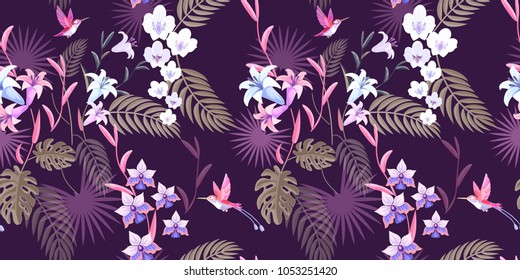 Animal print pattern. Seamless ornament with tropical flowers, palm leaves and bird. 
