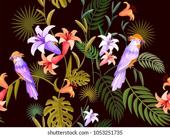 Animal print pattern. Seamless pattern with tropical bird.  Cockatoo parrots for textile texture. Vector background.