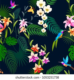 Animal print pattern. Tropical summer seamless pattern background with hummingbird and flowers.