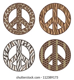 Animal Print Peace Symbols Vector collection of  Leopard, Tiger, Zebra and Snake. AI8 EPS File: Individual symbols are on separate layers and colors are grouped for easy editing.