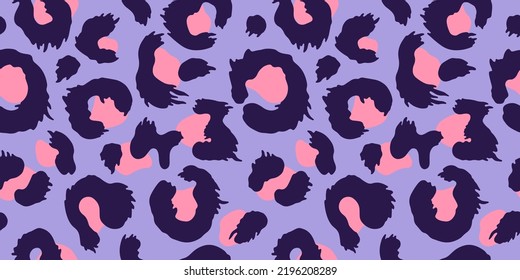 Animal print, purple leopard, vector seamless pattern in the style of doodles, hand drawn