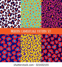 Animal print repeating patterns set. Trendy camouflage fashion designs. Vector set of six seamless patterns in bright colors. Sorted in layers.