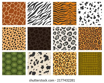 Animal print. Reptile and mammal texture collection, tiger leopard zebra skin camouflage printing, animal fur pattern. Vector seamless fashion set of background seamless texture reptile illustration