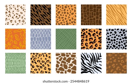 Animal print. Safari pattern. Texture of leopard, tiger and cheetah, giraffe, zebra and lion. Striped leather camouflage. Zoo wallpaper. Textile or wrapping. Print for fabric Vector garish background