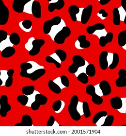 Animal Print Seamless Pattern Design With Big Black And White Spots On Bright Red Background. Leopard Print Patten For Textiles, fabric, Home Décor.