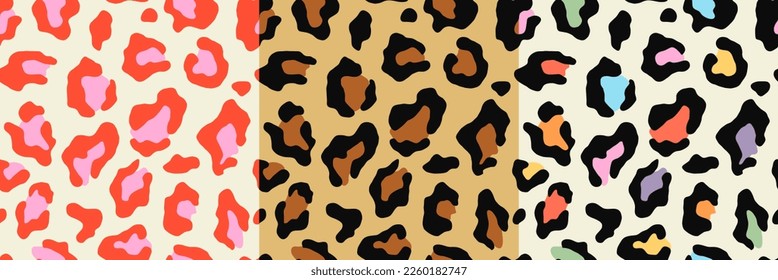 Animal print seamless pattern illustration set. Colorful leopard skin texture background. Diverse wild africa safari backdrop collection, fun fashion fabric design.	