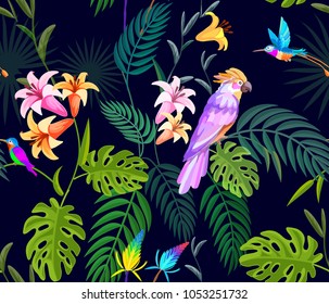 Animal print seamless pattern with tropical bird.  Cockatoo parrots and hummingbird for textile texture.