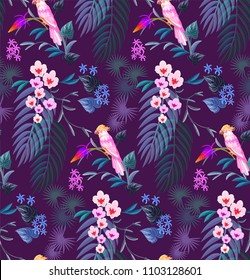 Animal print seamless pattern with tropical bird. Parrots and hummingbird for textile texture.