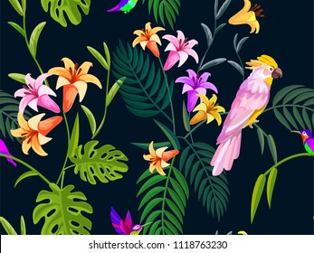 Animal print seamless pattern with tropical bird. Cockatoo parrots and hummingbird for textile texture.