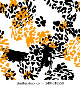 Animal print skin of leopard, cheetah tropical seamless pattern. Camouflage endless background with imitation of spots leopard skins