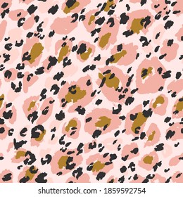 Animal print skin seamless pattern. Leopard`s spotted fur imitation. Creative leopard rosettes background. Hand drawn art in pink golden colors. Vector illustration for surface wrapping, fabric design