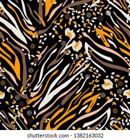 Animal print skin of zebra, leopard, cheetah tropical seamless pattern. Camouflage endless background with imitation of spots leopard skins