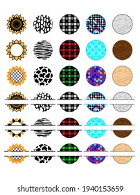 Animal print, sunflower, buffalo plaid, mosaic, wooden background, monogram for key chain design. Key chain pattern collection. Set of round shapes and monograms. Vector laser cutting file.