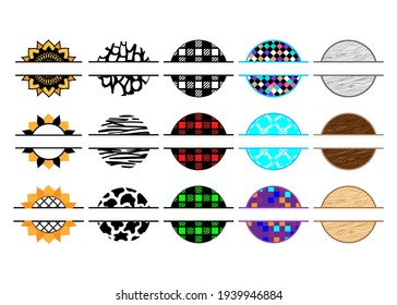 Animal print, sunflower, wooden, mosaic, buffalo plaid background monogram for key chain design. Key chain pattern collection. Set of round monograms. Vector illustration. Laser cutting file.