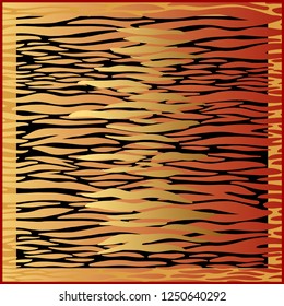 Animal print. Tiger fur stripes. Vector illustration. Print of gold foil and red color on black background. Abstract pattern. Template for design scarf or pillow. Beast style.