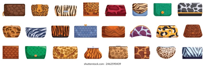 Animal print wallets vector. A collection of purses with animal prints. Some are green, some are brown, and some are blue