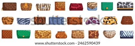 Animal print wallets vector. A collection of purses with animal prints. Some are green, some are brown, and some are blue