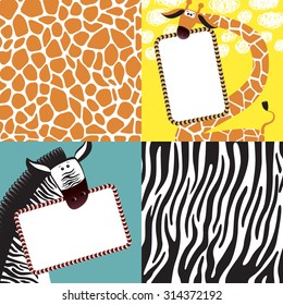 Animal print, zebra and giraffe texture background. Elements of greeting card. Vector
