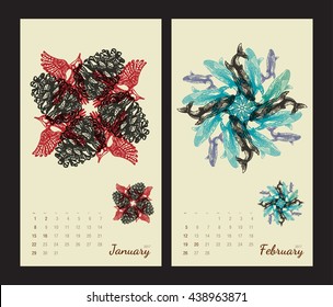 Animal printable calendar 2017 with flora and fauna fractals on beige background. Set 1 - January and february pages