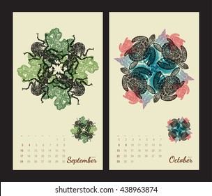 Animal printable calendar 2017 with flora and fauna fractals on beige background. Set 5 - September and October pages