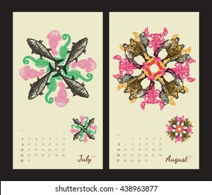 Animal printable calendar 2017 with flora and fauna fractals on beige background. Set 4 - July and August pages