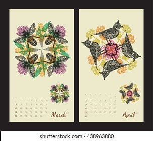 Animal printable calendar 2017 with flora and fauna fractals on beige background. Set 2 - March and April pages