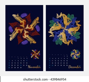 Animal printable calendar 2017 with flora and fauna fractals on dark blue background. Set 6 - November and December pages
