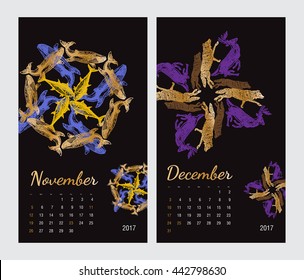 Animal printable calendar 2017 with flora and fauna fractals on black background. Set 6 - November and December pages
