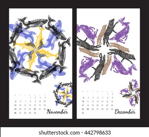 Animal printable calendar 2017 with flora and fauna fractals on white background. Set 6 - November and December pages