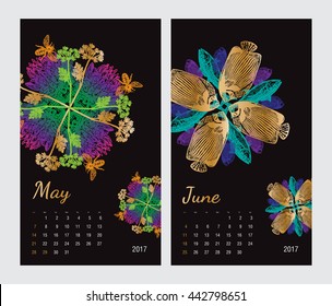 Animal printable calendar 2017 with flora and fauna fractals on black background. Set 3 - May and June pages