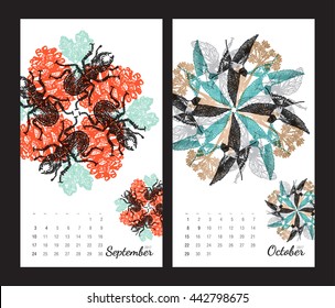 Animal printable calendar 2017 with flora and fauna fractals on white background. Set 5 - September and October pages