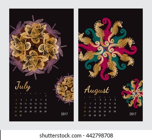 Animal printable calendar 2017 with flora and fauna fractals on black background. Set 4 - July and August pages