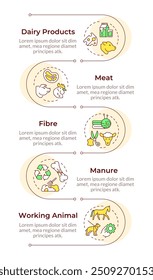 Sequência vertical infográfica da produção animal. Produtos láteos, cultivo. Comida natural. Gráfico de informações de visualização com 5 etapas. Fluxo de trabalho de círculos