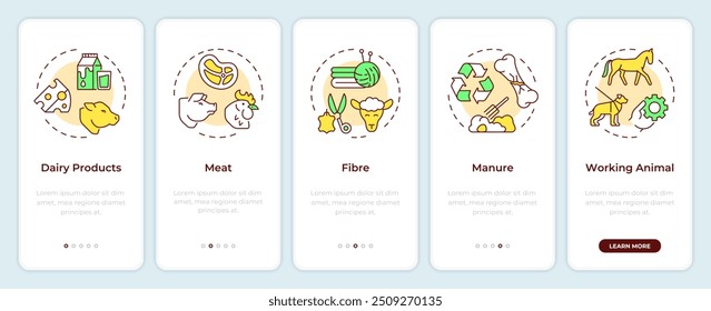 Tierische Produkte an Bord mobilen App-Bildschirm. Viehzucht Exemplarische Vorgehensweisen 5 Schritte bearbeitbare grafische Anweisungen mit linearen Konzepten. UI, UX, GUI-Vorlage