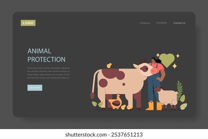 conceito de proteção dos animais. Vínculo afetuoso entre uma mulher e animais de fazenda, promovendo os direitos dos animais. Cuidar da biodiversidade, tratamento ético. Ilustração vetorial.