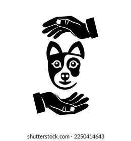 Animal protection. Hands protect the dog. Animal safety symbol. Can be used as a sign or logo. Vector illustration flat design. Isolated on white background.