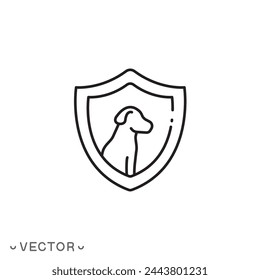 animal protection icon, dog shield, pet safe, thin line symbol isolated on white background, editable stroke eps 10 vector illustration