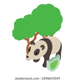 Animal protection icon isometric vector. Panda under tree protected by shield. Vanishing specie, environmental protection