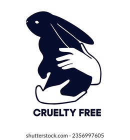 Animal protection logo. Hands hold bunny. Black and white vector illustration. Cruelty free concept.