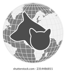Animal protection logo illustration,silhouette of a dog and a cat with a globe on a white background