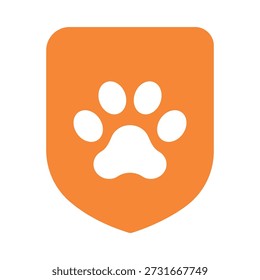 Animal protection logo solid symbol, pet care, cat paw icon with shield. Veterinary medicine concept.	