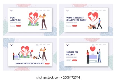 Animal Protection Society Landing Page Template Set. Characters Care of Pets, People Adopt Cats, Dogs or Rabbits, Visit Veterinary Clinic, Support, Shelter Adoption Aid. Cartoon Vector Illustration