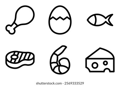 Animal protein sources food icon set. 
