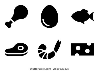 Animal protein sources food icon set. 